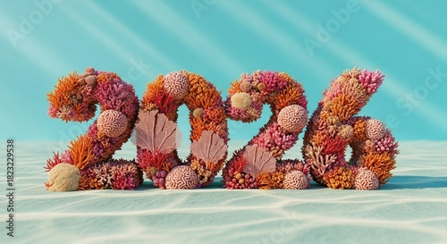 A vibrant coral reef artistic representation of the year 2026 rising from the ocean floor