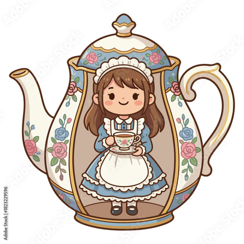 A cute cartoon maid girl holding a teacup inside a large decorative floral teapot.