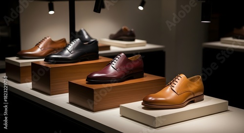 Various colors of fine leather men's dress shoes arranged on display stands within upscale retail setting ambiance