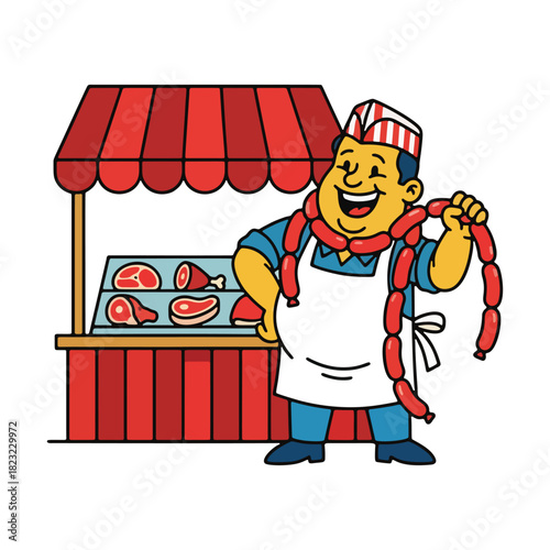 Cheerful cartoon butcher character holding a string of sausages in front of his meat market stall.