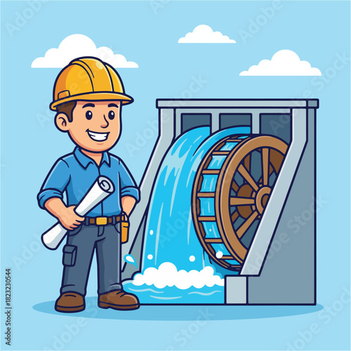 Cartoon Engineer Standing Beside Hydroelectric Dam with Water Wheel.