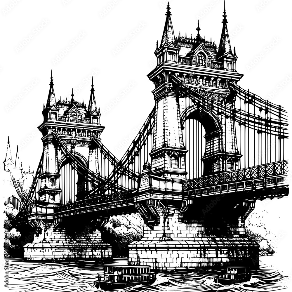Obraz premium Ancient Bridge Architectural: Detailed artistic portrayal of an ancient bridge and its captivating architecture. The drawing portrays the bridge. The beauty of the architectural. 