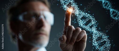 The intersection of technology and biology: a journey into genomics. Rule thirds. A scientist in a futuristic medtech environment: expanding genomic horizons. Strong contrast. Empty space.