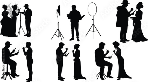 Makeup artist silhouette, beauty preparation illustration, theatrical performance concept, stage makeup design, cosmetic application artwork, professional styling,Makeup artist silhouette, beauty 