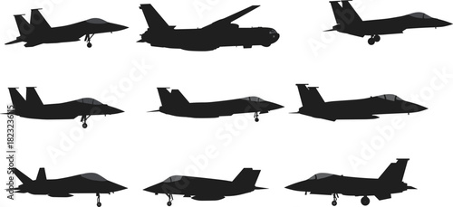 Military aircraft silhouettes, fighter jet icons, bomber plane shapes, aviation design, warplane profiles, air force jets, defense aviation, combat planes