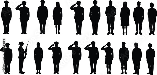 Military salute silhouettes, soldier with rifle, army respect illustration, people saluting vector, honor discipline design, uniform figures, patriotic tribute art