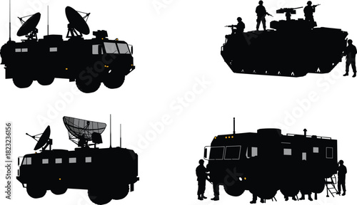 Military vehicles silhouettes, armored combat, communication trucks, command vehicles, soldiers, tactical operations, satellite dish, surveillance, defense, warfare, army, transport, technology,