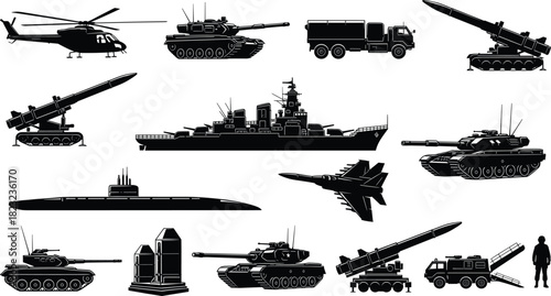 Military, vehicle, silhouette, tank, helicopter, jet, submarine, battleship, missile, launcher, truck, soldier, war, defense, navy, army, aircraft, weapon, combat, vector, illustration