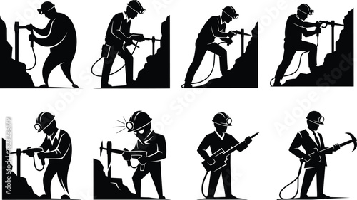 Miner silhouette illustration, drilling, pickaxe, jackhammer, underground work, helmet, headlamp, coal mining, industry, labor, worker, occupation, safety gear,