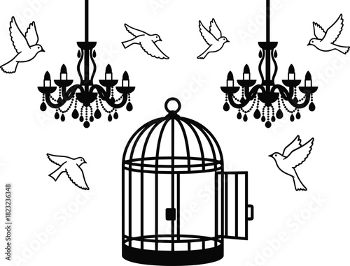 Open birdcage with flying birds, freedom escape concept, elegant chandeliers, black and white illustration, symbolic liberation, vintage decorative artwork