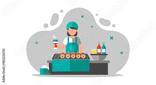 A street food vendor prepares delicious skewers with sauces, creating a vibrant scene of culinary delights and offering a taste of local flavors.