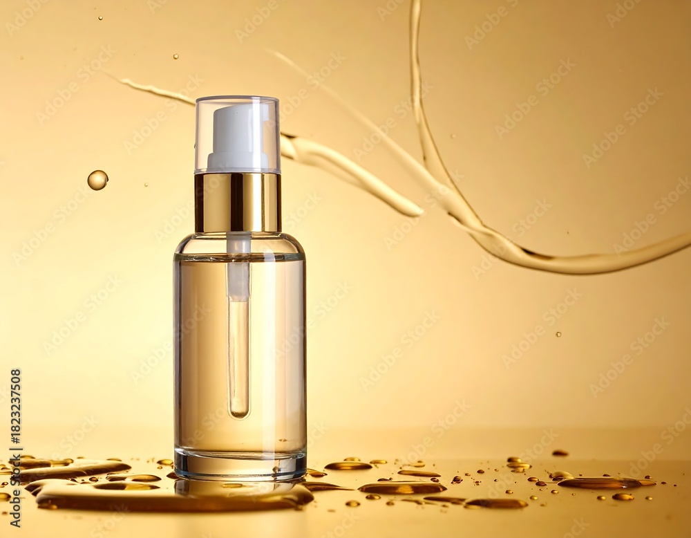 Naklejka premium Clear glass bottle with dispenser, liquid splash, and golden backdrop