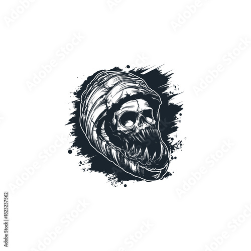 A hyper-aggressive black and white grunge sketch illustration of a demonic skull creature with massive, predatory fangs, emerging from a ribbed hood or headpiece