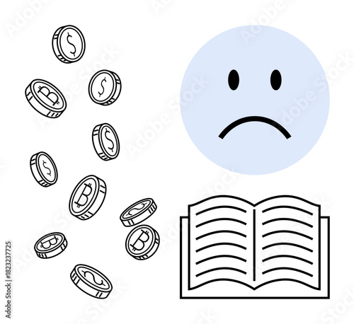 Financial education concept. Falling coins symbolize economic loss an open book and sad face highlight struggles in financial literacy. Perfect for finance, education, saving, budgeting