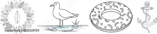 Monochrome Hand Drawn Beach and Summer Vacation Themed Line Art Elements