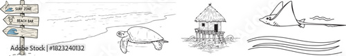 Hand-drawn Beach Themed Outline Illustrations on White Background