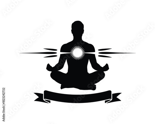 Meditating Person Silhouette with Light Emission and Banner graphic resource design