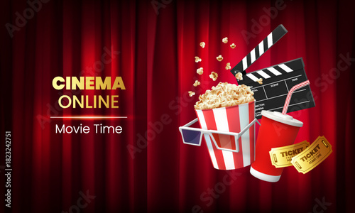 Cinema online, movie time, ticket, popcorn, 3d glasses, clapboard, advertising and promotion realistic 3D vector design