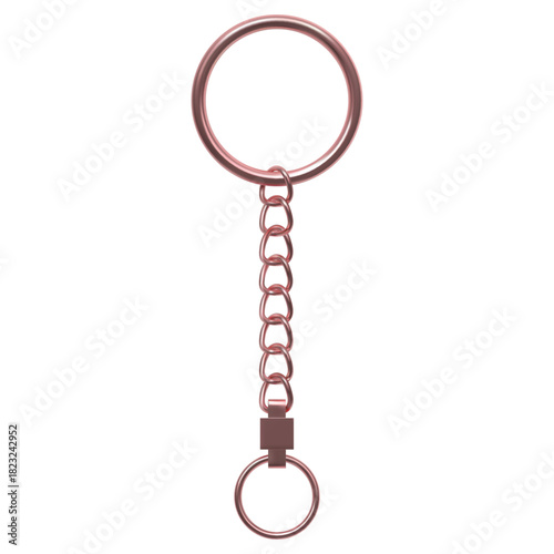 Bronze keychain, realistic metal keychain with straight chain and ring, copper key and pendant holder vector 3D design