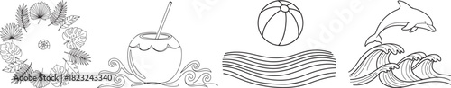 Monochrome Summer Beach Tropical Elements Line Art Collection