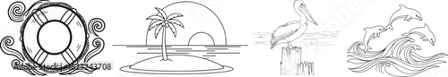 Collection of Black and White Marine and Tropical Line Art