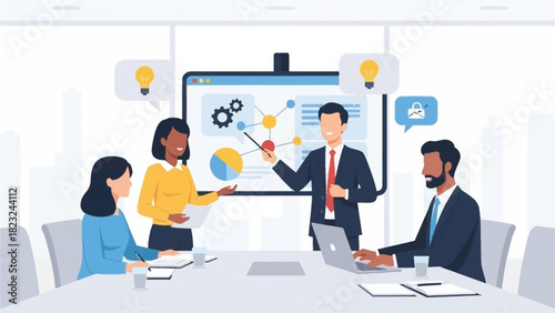 A lively flat design illustration showing a diverse team actively brainstorming new ideas and presenting concepts on a large screen connected to a laptop in a modern conference room. 