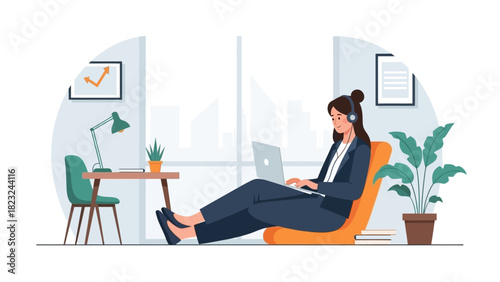 A cheerful flat design illustration depicting a young woman productively engaged in remote work on her laptop within a bright and modern co-working office space.