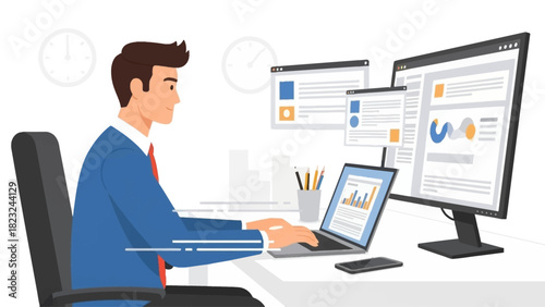 An energetic flat design illustration depicting a busy professional efficiently multitasking across a laptop and an external monitor, symbolizing high productivity and streamlined workflow in an offic