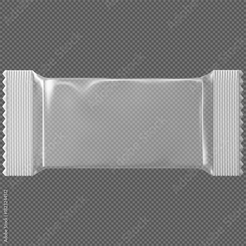 Realistic transparent plastic packaging for a rectangular candy bar or wafer.