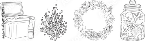 Hand-drawn Summer Beach Elements: Cooler, Coral, Wreath, Seashells
