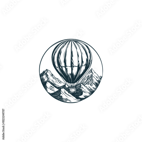vintage engraving or woodcut illustration depicting a classic hot air balloon floating gracefully above a rugged mountain range