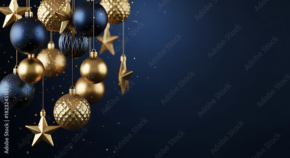 Fototapeta premium Elegant christmas ornaments in blue and gold hanging on dark background