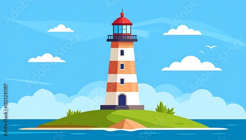 Fototapeta Naklejka Na Ścianę i Meble -  Cartoon lighthouse on an island under blue sky and puffy clouds