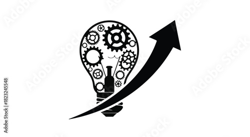 Innovative idea growth represented by a lightbulb with gears and an upward arrow