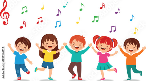 Animated children singing, dancing kids, musical notes, joyful expression, colorful outfits, music fun, treble clef, happy children, playful scene, white background, kids performance, music education