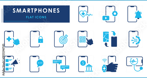 A set of flat icons related to Smartphone. Smart, banking, chat, smartwatch, repair, digital marketing, health, QR, lock, business, and so on.