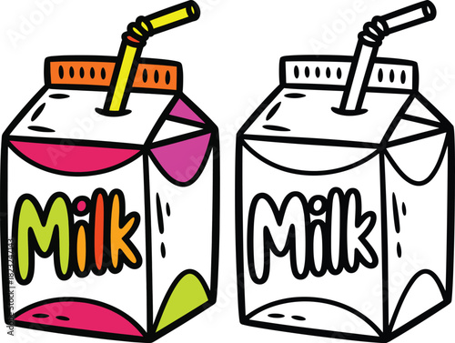 Milk cartons with straws presented in coloring line and bold line styles for dairy products and beverage illustrations on transparent background