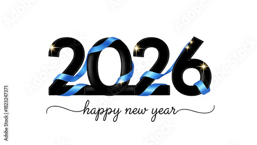 2026 New Year Black Line Colorful Realistic Continuous Art with Stars and Ribbon Accents