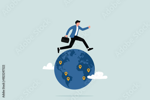 Global business expansion or business opportunities, branch expansion strategies. An entrepreneur leaps across borders to grow his business.