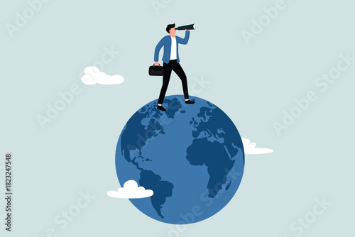 Globalization, global business vision, world economy, or business opportunity concepts. An entrepreneur stands on a globe using a telescope to see visions or future opportunities.
