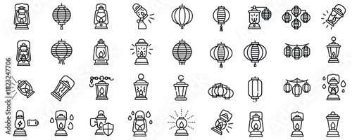 Diverse collection of lantern icons in line style symbolizing light and celebration