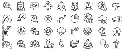 Line art icons illustrating business management and human resources concepts