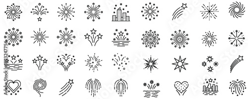 Set of various fireworks vector line icons, minimalistic holiday celebration