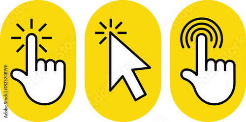 Set of three click icons showing hand cursor, arrow cursor, and finger tap gesture with coloring line and bold line on yellow circles
