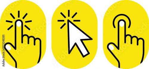 Three different click icons with yellow circles representing touch, cursor, and finger tap interactions isolated background