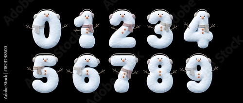 Winter 3d font snowman numbers on black background puffy snow text and white 3d letters in a festive scene