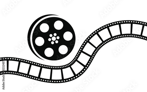 Film reel, movie strip, cinema frame, curved film path, vintage film roll, photography strip design, retro movie element