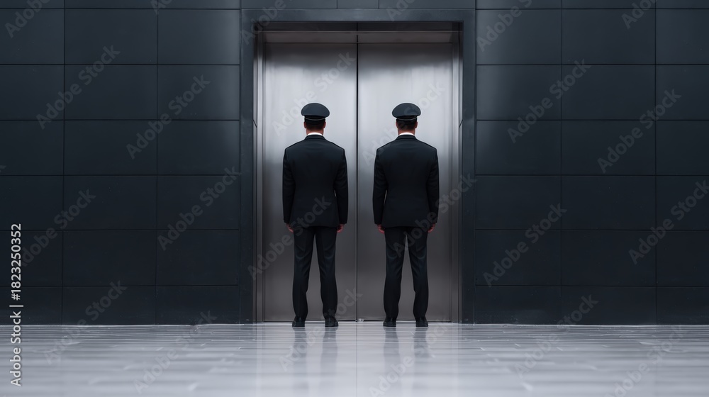 Fototapeta premium Two uniformed individuals stand back-to-back in front of a sleek, modern elevator in a minimalist, dark-themed space.