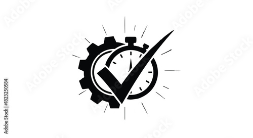 Checkmark on stopwatch and gear symbolizing successful time management and efficiency
