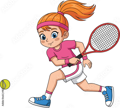 Cartoon girl playing tennis, sports illustration, energetic pose, red racket, tennis ball, pink outfit, kids activity, motion action, athletic child, outdoor sport, dynamic movement